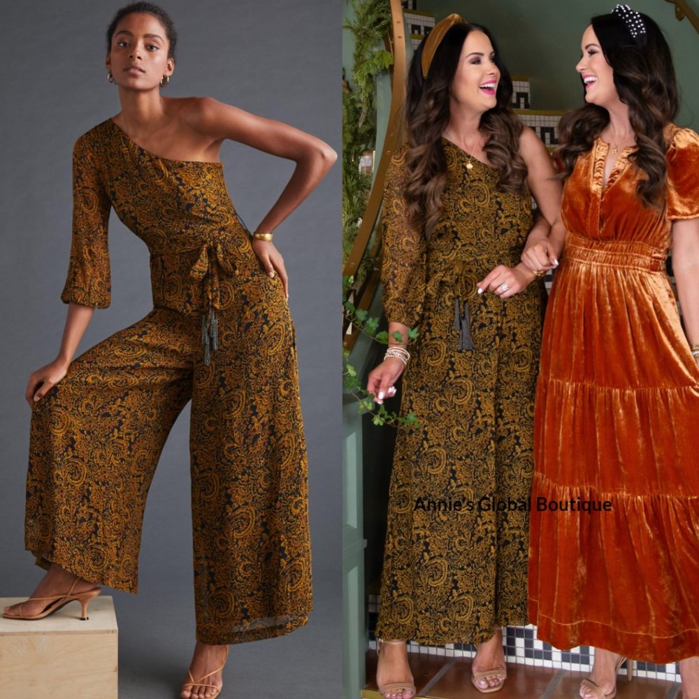 RARE NWT ANTHROPOLOGIE Ollari Paisley Tasseled One-Shoulder Jumpsuit. Size L - Picture 11 of 16